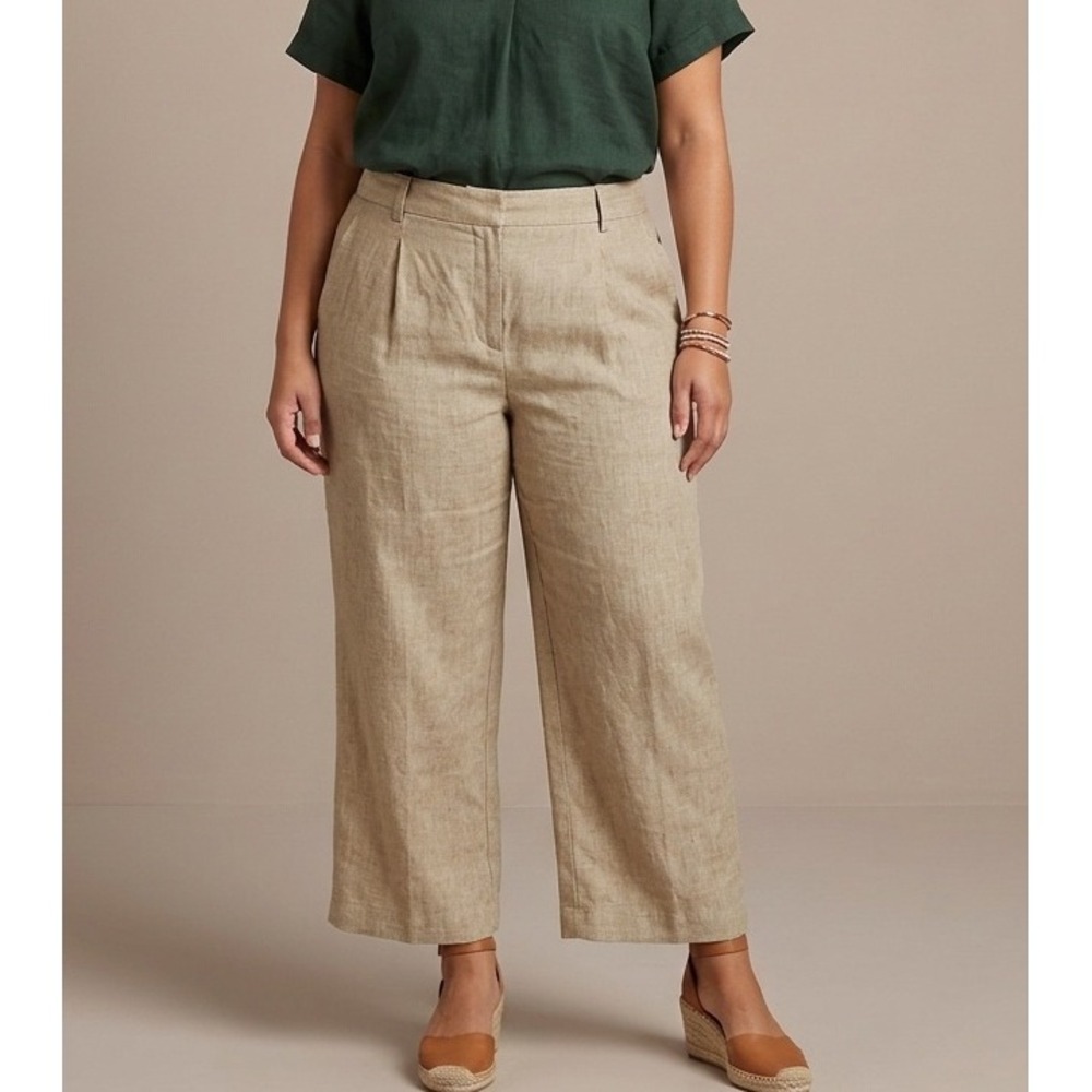 Talbots 16 Natural 100% Linen Wide Leg Cropped Trousers Beige High Rise Classic